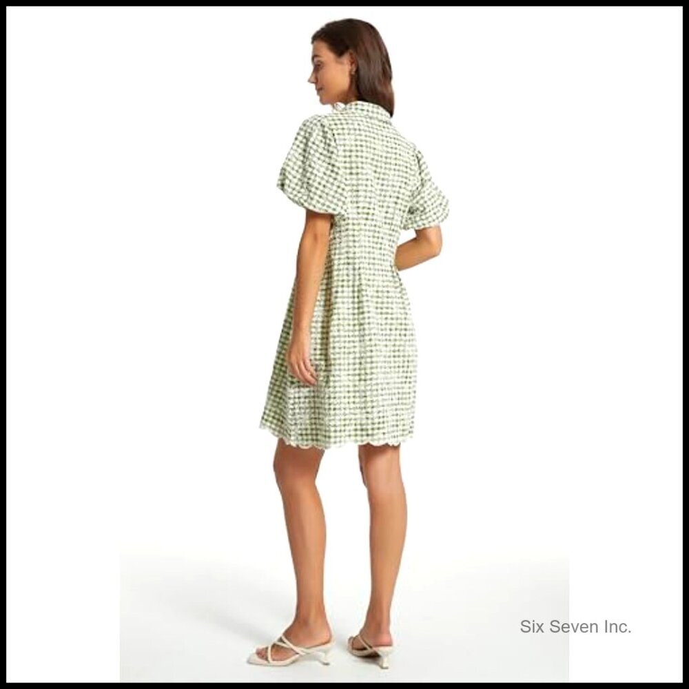 Short Sleeve Pleated Mini Shirt Dress with Embroidered Gingham Fabric - Picture 4 of 7